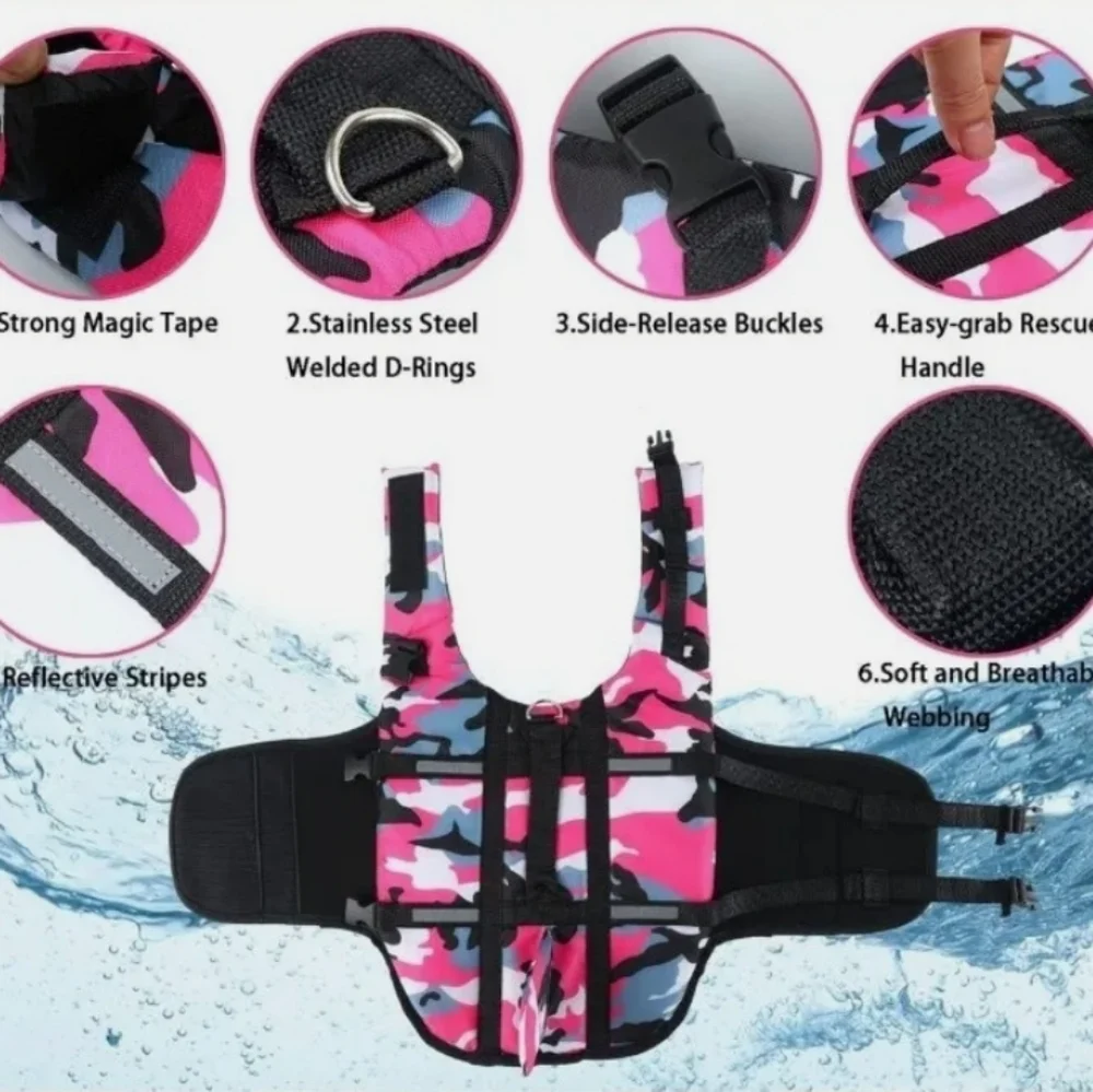Fragralley Dog Life Jacket Shark Design in Pink Camo Nylon for Large Dogs